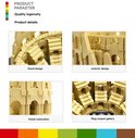Vier close-ups van het gouden Colosseum model: standaard, exterieur, detail en galerij.