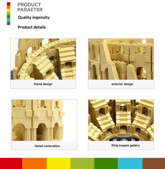 Vier close-ups van het gouden Colosseum model: standaard, exterieur, detail en galerij.