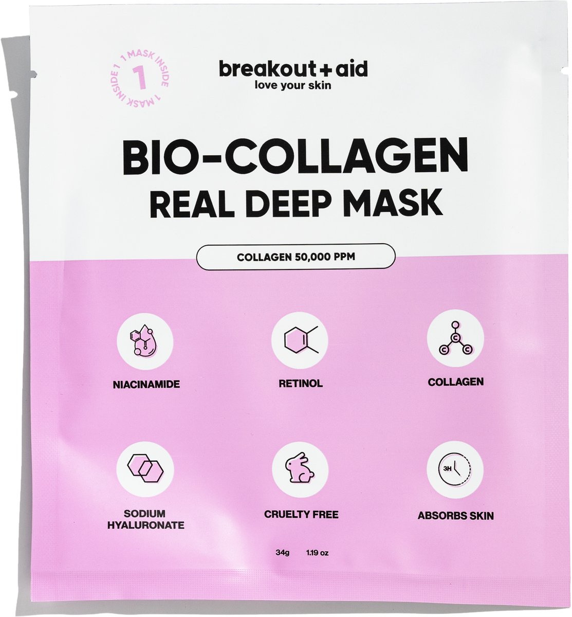 Breakout+aid® Collageen Gezichtsmasker - Diepe reiniging - Inclusief Niacinamide - 1 Stuk - Vegan