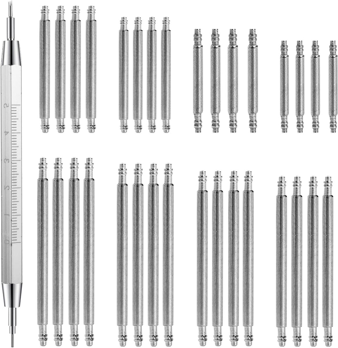 Allecto Plus - Horlogebandspelden 32 stuks, horlogebandverwijderaar met roestvrijstalen veerstang gereedschap voor horlogebanden 12-26 mm - Vervangingsset met zoekwoorden: horlogeband verwijderen, horlogebandpennen