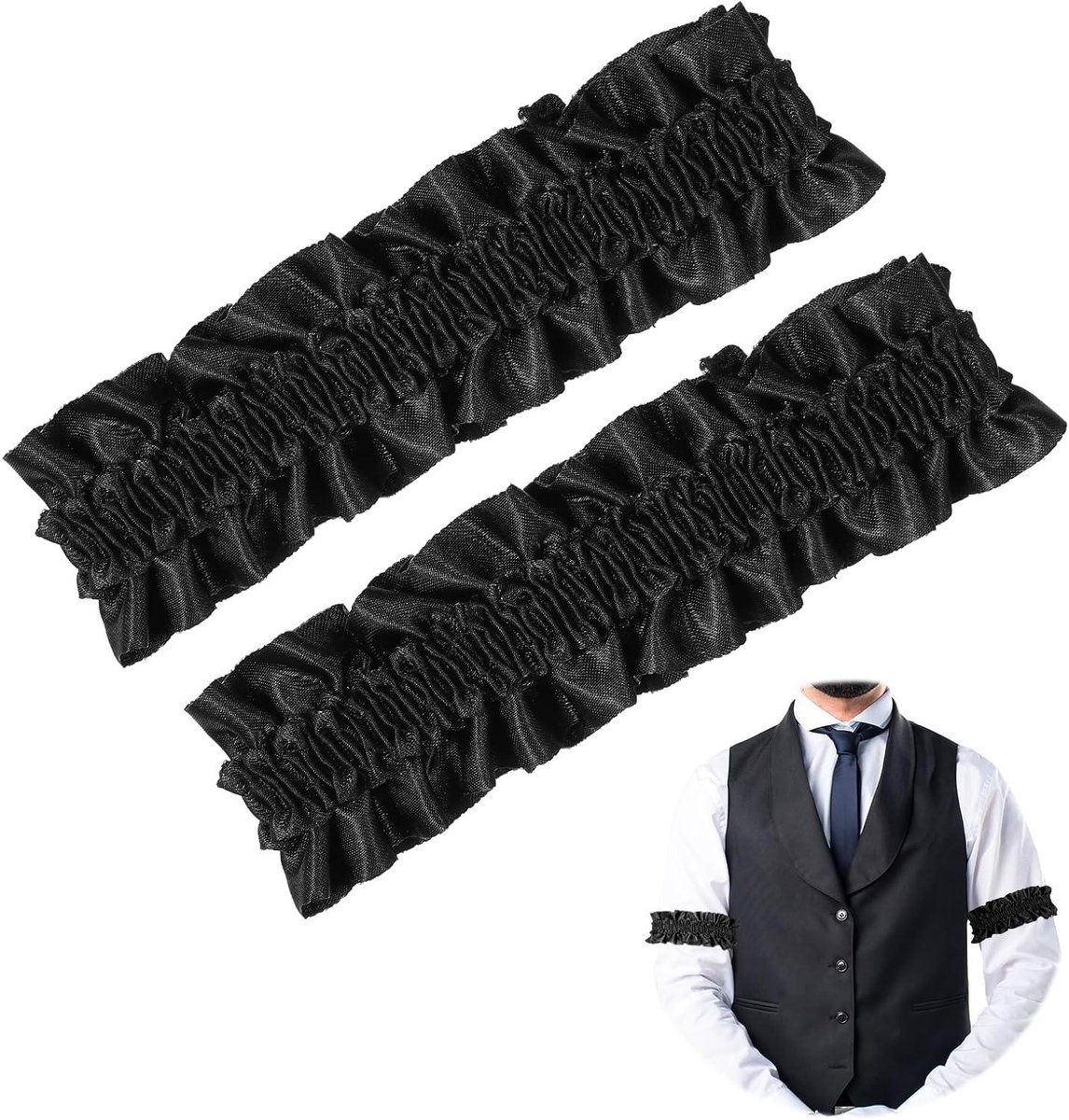 Allecto Plus - Zwarte Elastische Mouwhouders | Antislip kousenband accessoire voor heren en vrouwen | Retro jaren 20-kostuum | Oberkleding met gekrulde details | 1 paar