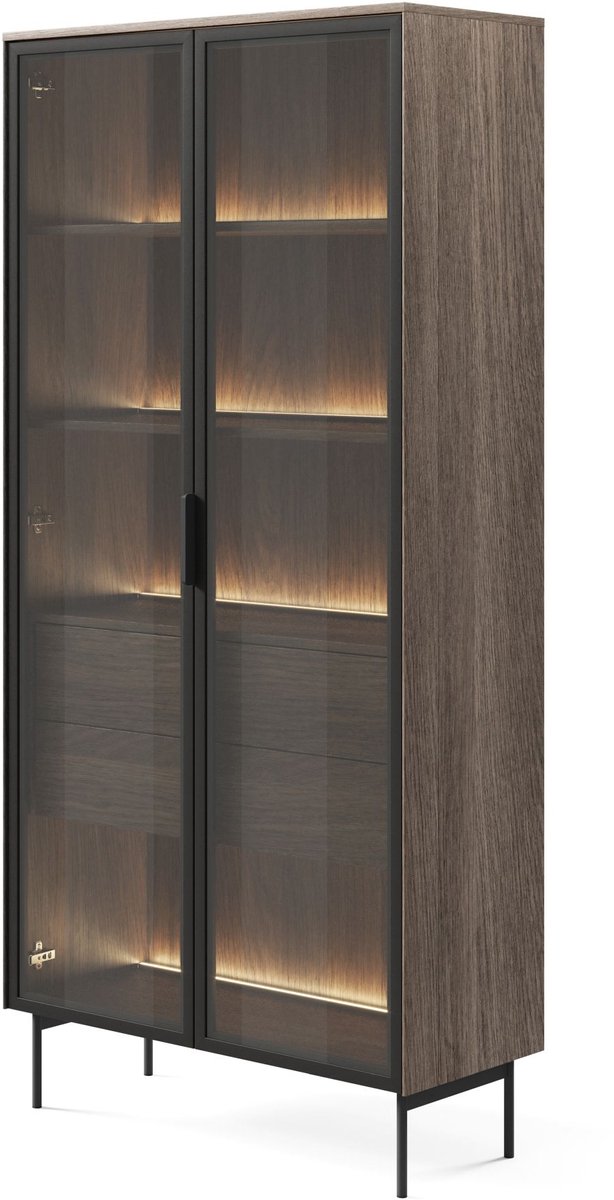 Selsey Lumi – Vitrinekast met 2 lades en LED-verlichting - eik Dunin - 91 cm eiken donker