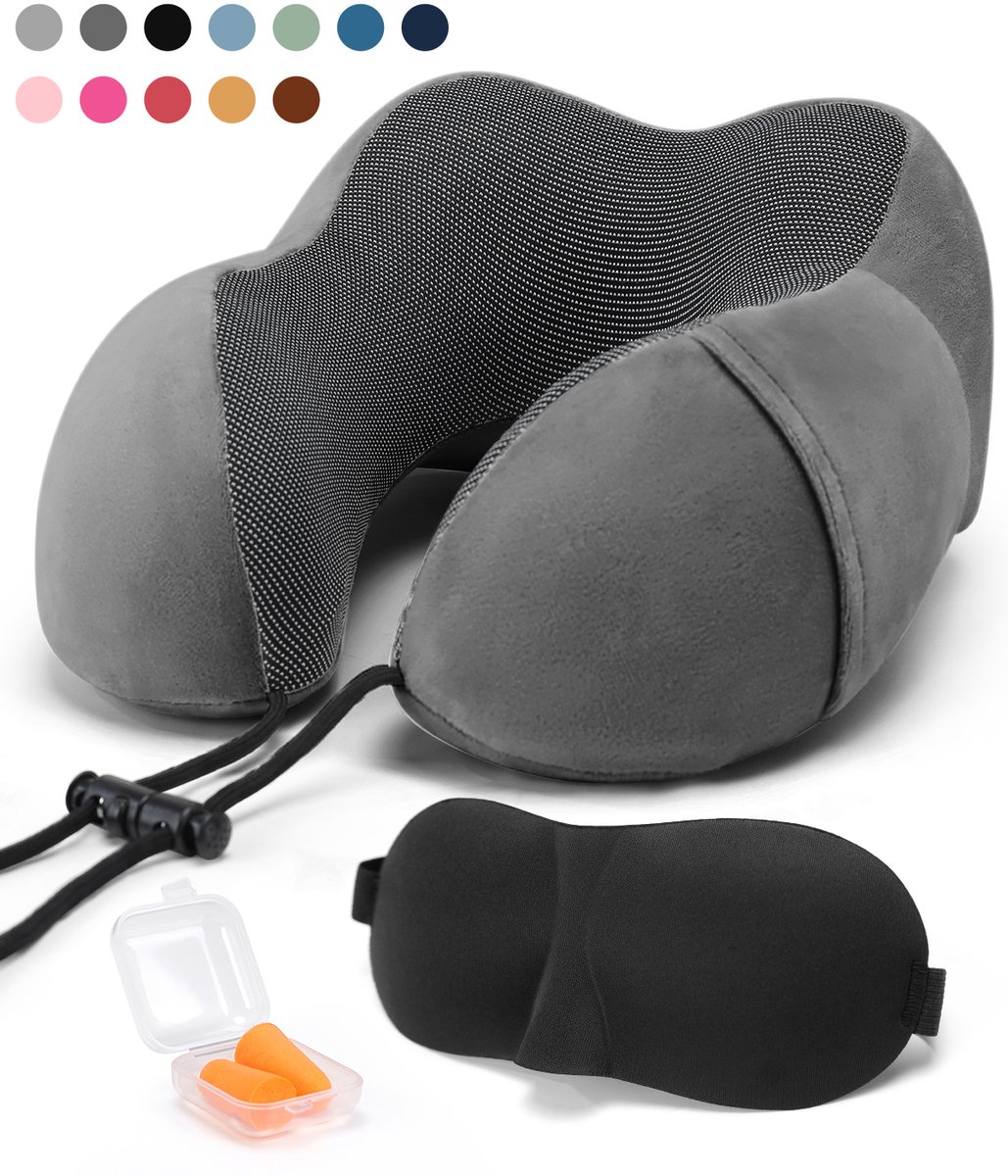 SKYCASES Travel Essentials - Nekkussen Set 3-delig - Ergonomisch Memory Foam Reiskussen met Oogmasker en Oordoppen - Ideaal voor Vliegtuig, Auto en Trein - Compact en Luxe - Apricot