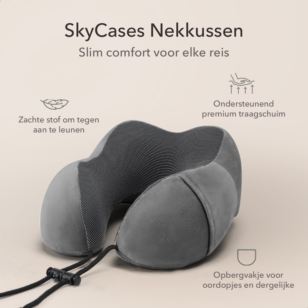 SKYCASES Travel Essentials - Nekkussen Set 3-delig - Ergonomisch Memory Foam Reiskussen met Oogmasker en Oordoppen - Ideaal voor Vliegtuig, Auto en Trein - Compact en Luxe - Apricot — afbeelding 2