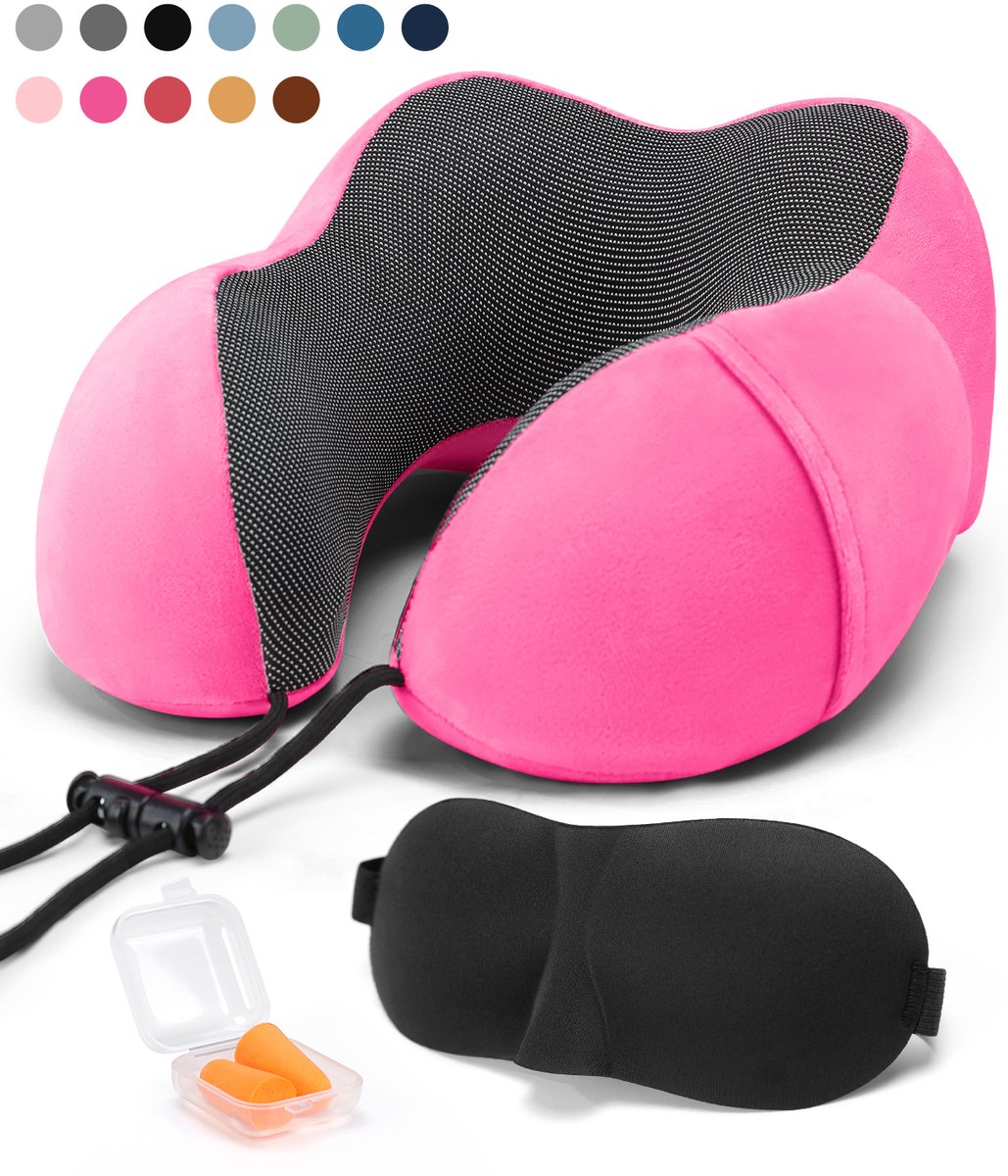 SKYCASES Travel Essentials - Nekkussen Set 3-delig - Ergonomisch Memory Foam Reiskussen met Oogmasker en Oordoppen - Ideaal voor Vliegtuig, Auto en Trein - Compact en Luxe - roze