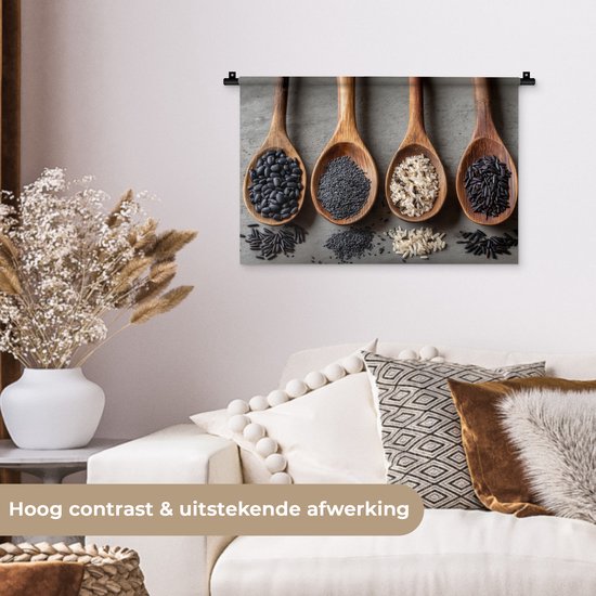 Wandkleed 60x40 cm - Wanddoek Houten - Lepels - Rijst - Zaden - Wandtapijt - Wandkleden