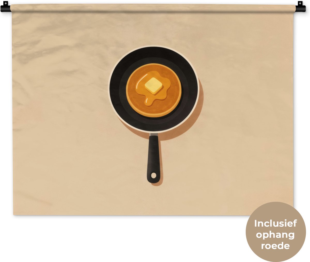 Wandkleed 90x67.5 cm - Wanddoek Pannenkoek - Koekenpan - Boter - Minimalistisch - Wandtapi