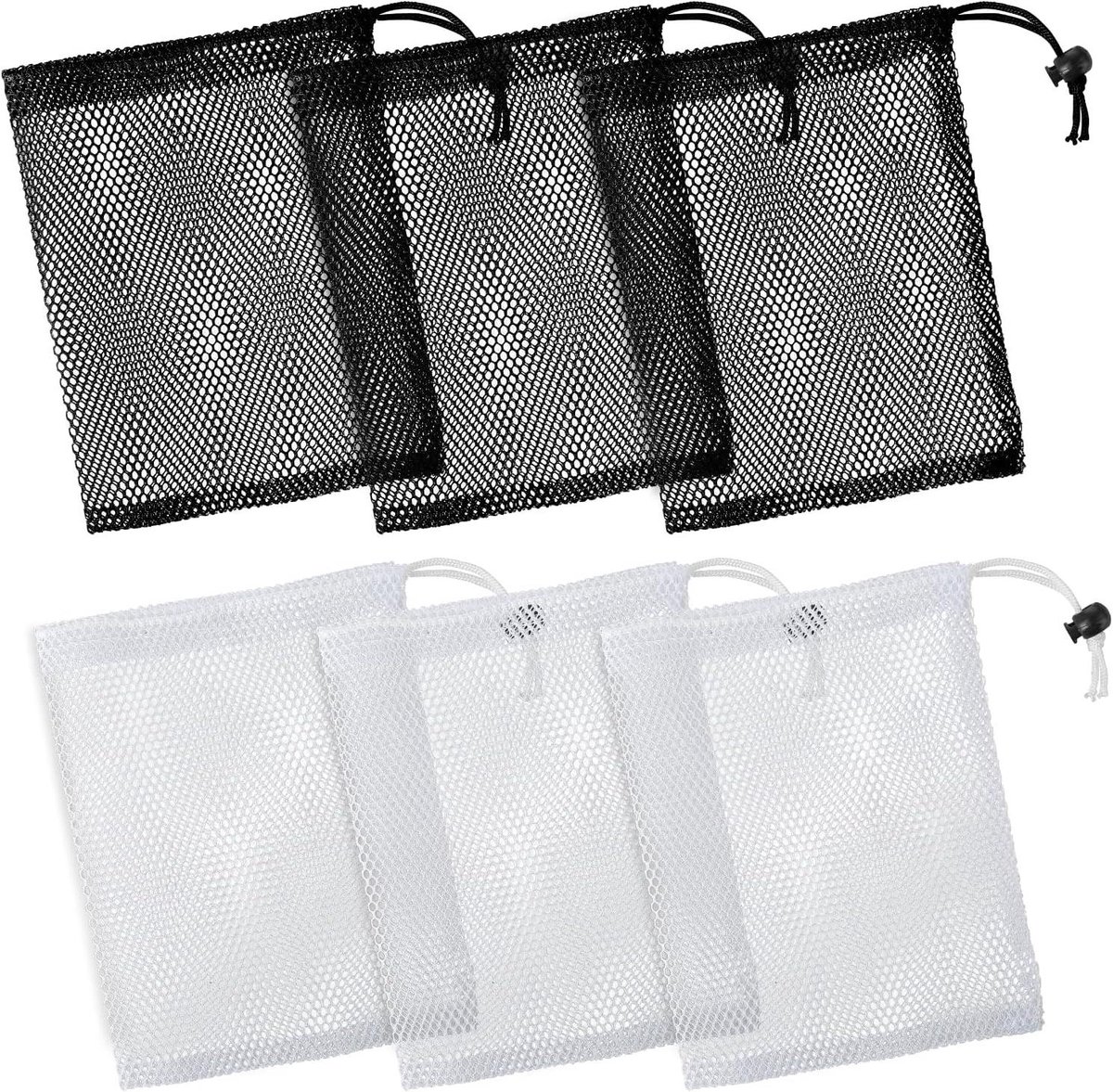 Allecto Plus - Set van 6 Kleine Mesh Trekkoord Zakken - Opberg Net Zakken met Koordsluiting - Nylon Mesh Zakken voor Reizen en Organiseren - Ideaal voor Kleine Speelgoed en Snoep - 20 x 15CM (3 Zwart 3 Wit)