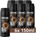 Zes AXE Dark Temptation deodorantbussen. De eerste bus is meer naar voren gericht. "6x 150ml"