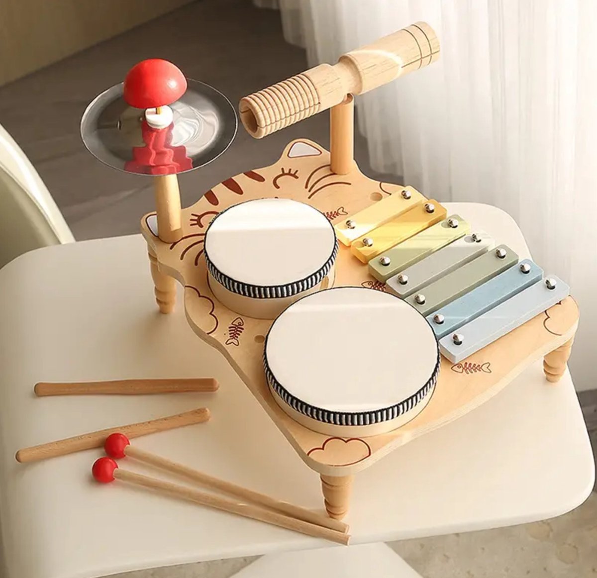 WoodyDoody Houten Muziek Montessori Speelgoed - Houten Speelgoed met Xylofoon en Drums - Kinderspeelgoed - Muziek Cadeau voor Kinderen - Tamboerijn - Speelgoedinstrumenten - Muziekset - Leerzaam Speelgoed - Sinterklaas cadeautjes jongens en meisjes — afbeelding 4