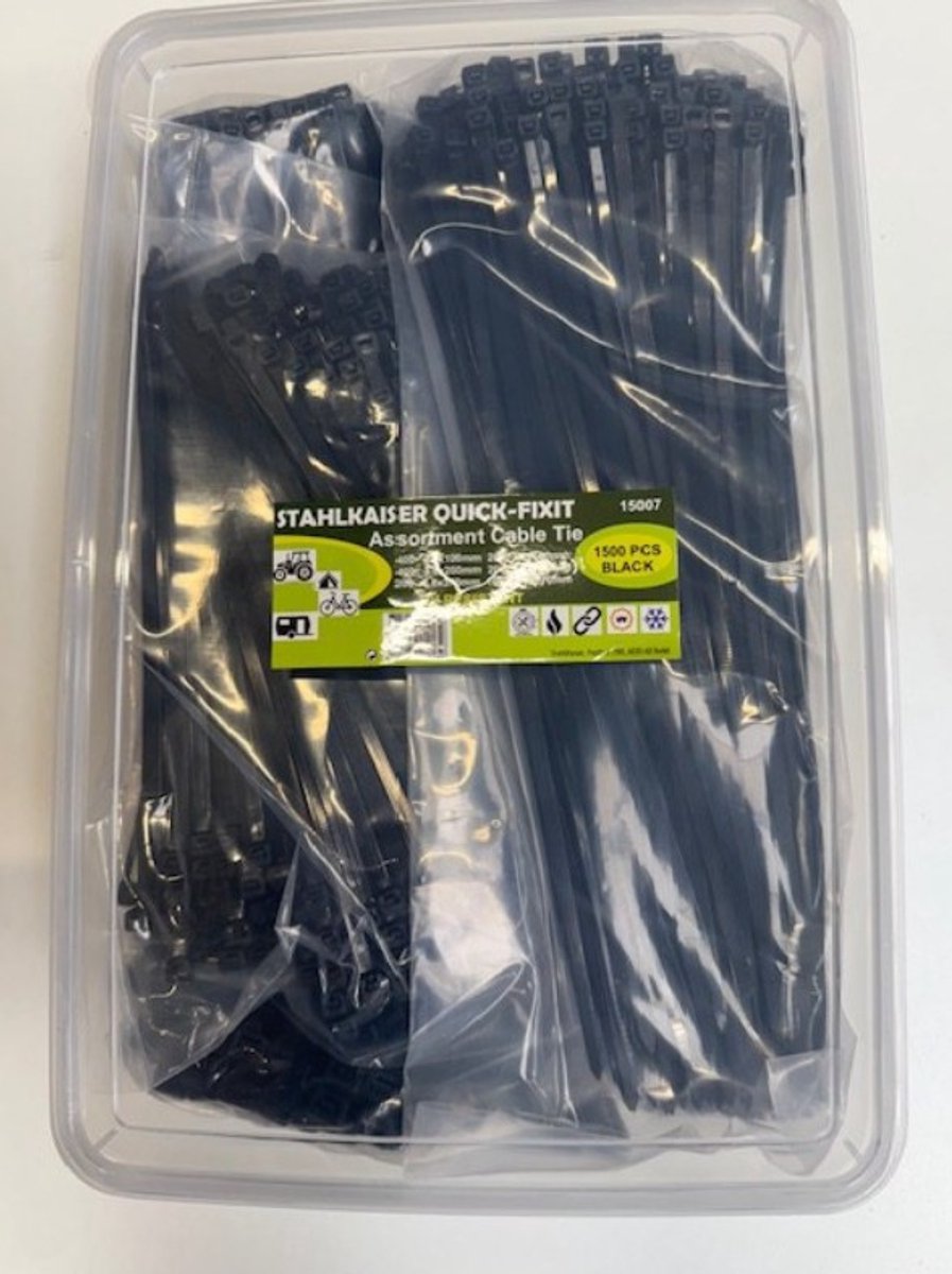 kabelbinders tie-raps 1500 stuks 6 verschillende maten. UV en vorstbestendig.Extra sterk. inclusief opbergbox