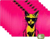Napperons - 6 pièces - 45 x 30 cm - Sets de table en plastique - Chat - Art - Lunettes de soleil - Rose - Dessous de Assiettes - Décoration de table - Accessoires de décoration de table de Cuisine - Dessous de plat en Vinyl - Décoration de table