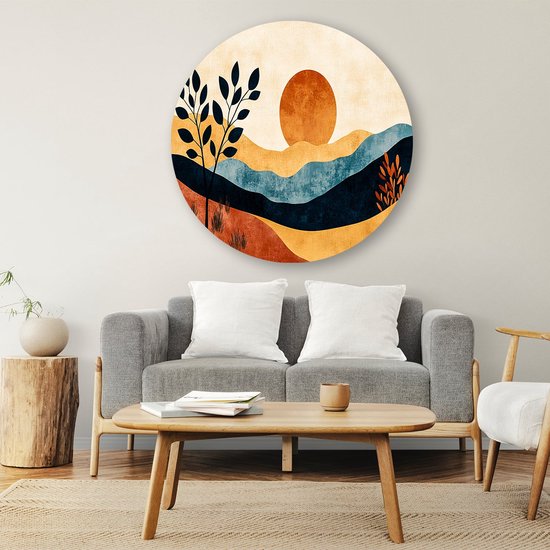 Paysage abstrait aux couleurs chaudes - Décoration murale coucher de soleil ronde - Décoration murale ronde paysage - Art abstrait - Cercles muraux Forex uniques - Mobilier de bureau élégant - Cercle mural forex 90x90 cm