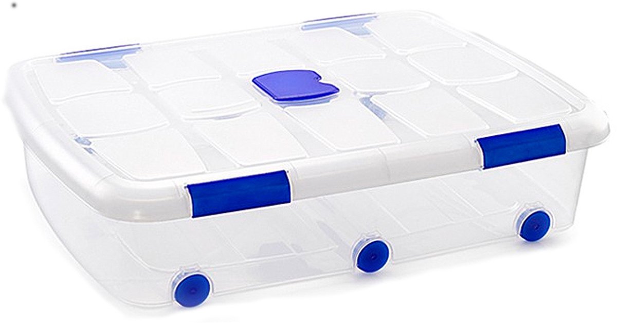 Plasticforte Opslagbox - 1x - met deksel - 56L - 80x60x18 cm - transparant - opbergbak met wielen