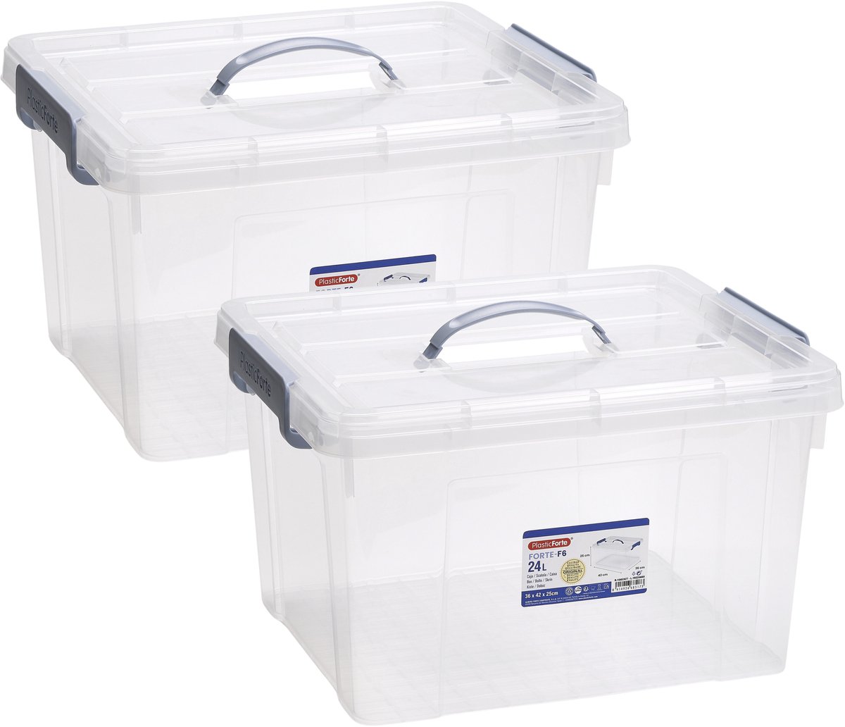 PLASTICFORTE Opslagbox AZUL serie - 2x - met deksel - transparant - 24 liter - 42 x 36 x 25 cm - kunststof - opbergdoos - opbergen