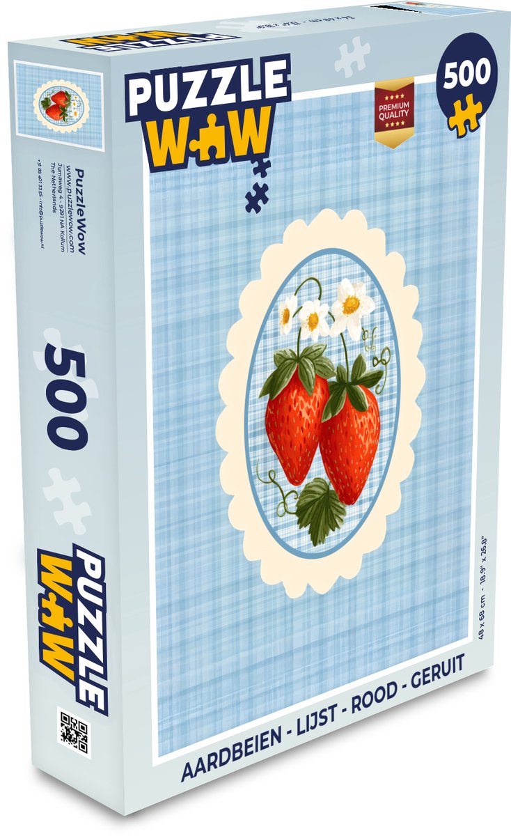 Puzzel Aardbeien - Lijst - Rood - Geruit - Legpuzzel - Puzzel 500 stukjes