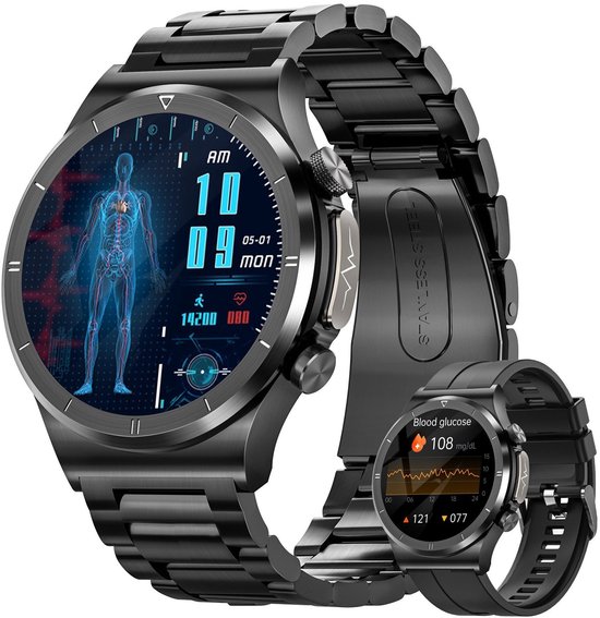 Foto: Swgota smartwatch heren met bloeddrukmeter ecg ppg bloeddruk bmi monitoring met hartslag spo2 slaapmonitoring geschikt voor ios en android zwart