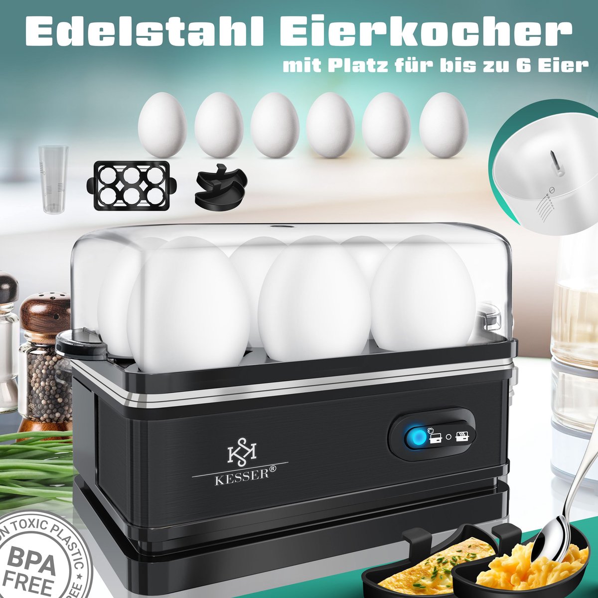 KESSER® Eierkoker tot 6 Eieren Elektrisch van Roestvrij Staal 400W & Warmhoudfunctie | Kiep-Functieschakelaar Drie Hardheidsgraden | BPA-vrij & Vaatwasserbestendig | Maatbeker & 2x Omeletbakjes Zilver