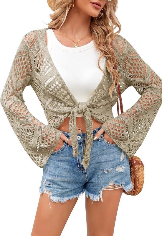 Allecto Plus - Gebreid damesvest V-hals boho-tops oversized lange mouwen trui sexy gehaakte cardigan strand bikini cover boho stijl trendy