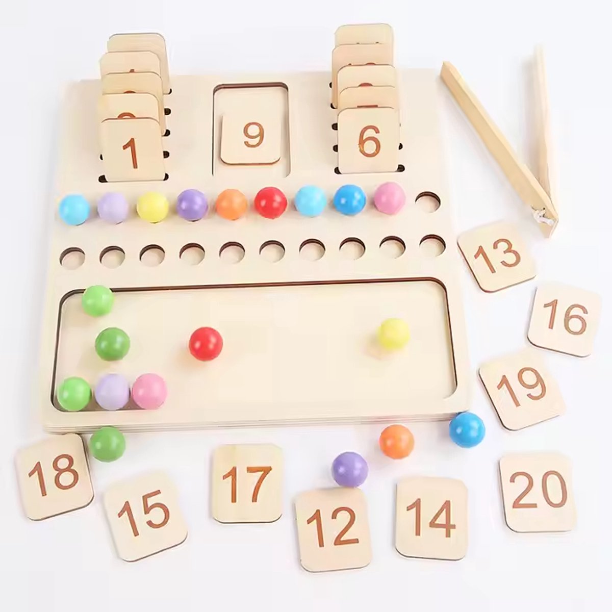 Educatief houten tel- en sorteerbord - Cijferbordjes, balletjes en pincet - Tellen en rekenen - Educatief montessori speelgoed - Vanaf 3 jaar - Leren tellen - Kleuren leren