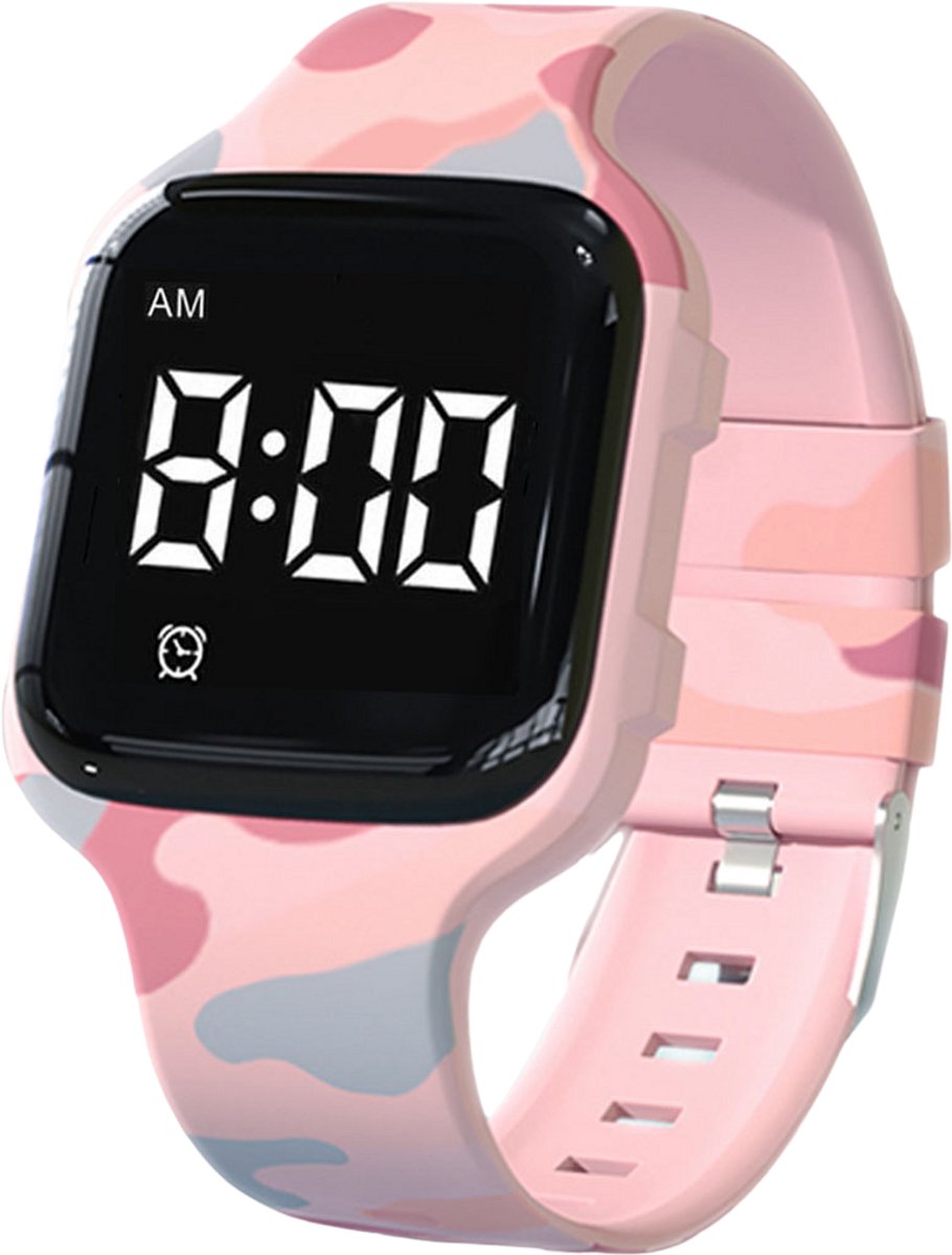 Goedkoopste R15 Kinderhorloge – medicijnalarm - plaswekker - herinneringshorloge – 15 alarmmomenten – camouflage roze