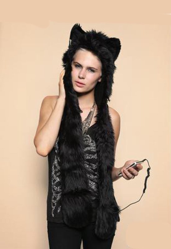 KIMU Hood Zwarte Panter - Muts met Sjaal, Wanten En Oortjes - Faux Fur Zwart Bont Berenmuts Flappen Bontmuts Capuchonmuts Spirit Festival