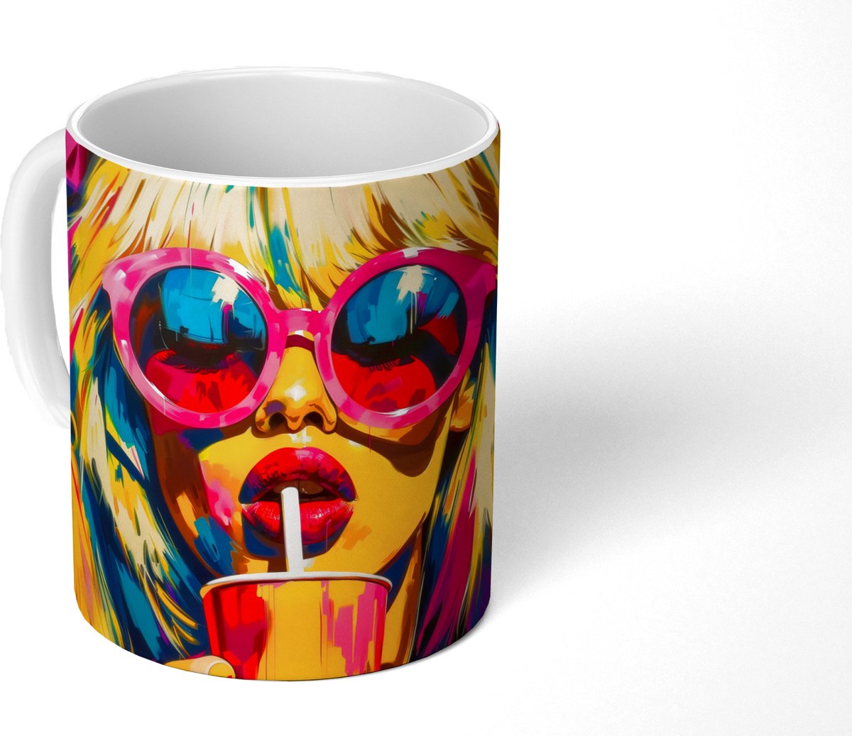 Mok - Koffiemok - Zonnebril - Roze - Vrouw - Rietje - Mokken - 350 ML - Beker - Koffiemokken - Theemok