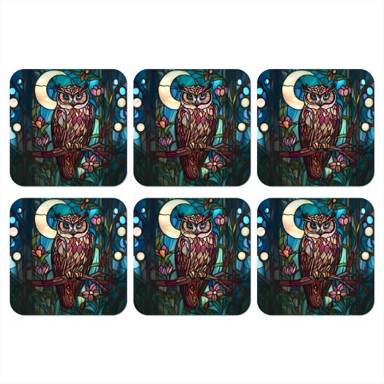 Sous-verres de verre - Hibou - Mosaïque - Lune - Nuit - 10x10 cm - Dessous de verre - 6 pièces