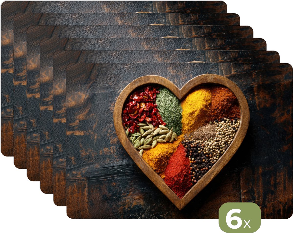 Placemats - 6 stuks - 45x30 cm - Placemat kunststof - Houten - Hart - Kleurrijke - Specerijen - Borden onderleggers - Decoratie voor op tafel - Keuken tafeldecoratie accessoires - Vinyl onderlegger - Tafelversiering