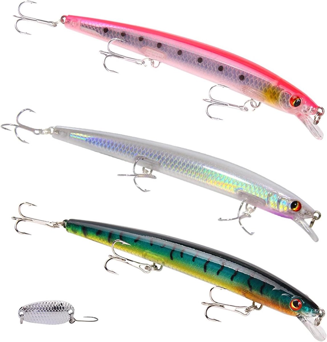 JGS Premium - Topwater Viskunstaas Set met Dreggen voor Baars Forel Zoutwater Zoetwater (4 stuks)
