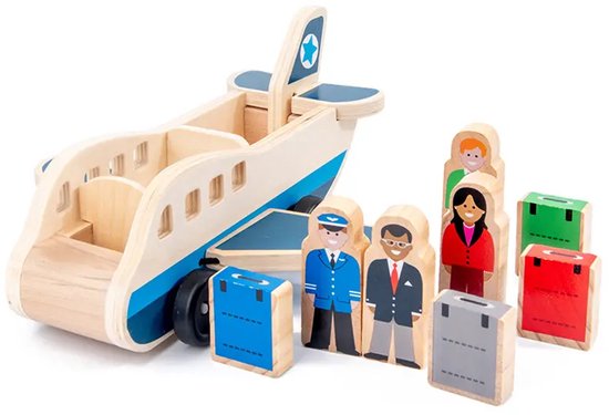 Houten speelgoedvliegtuig met piloot, passagiers en bagagekoffers.