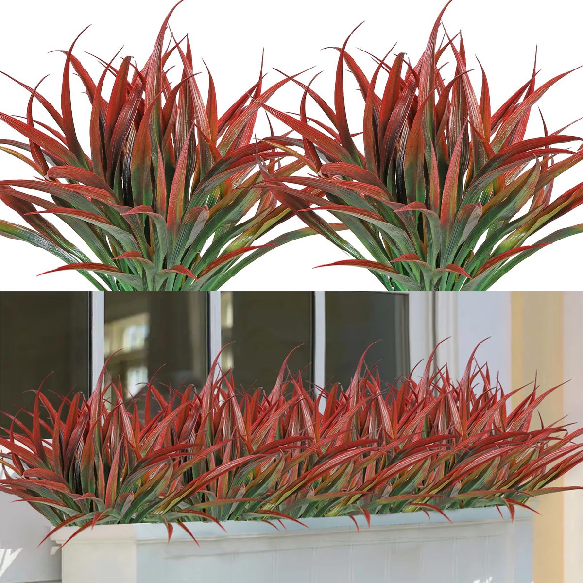 Ibenzoa Kunstmatige Grasplanten voor Binnen en Buiten Decoratie, UV-bestendig, 40 cm Hoog, Set van 6, Rood