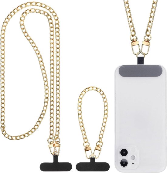 Inovra Plus - Gouden mobiele telefoonketting 2 stuks | Metaal | Smartphone ketting met klemmen en sleutelkoord | Crossbody telefoonband