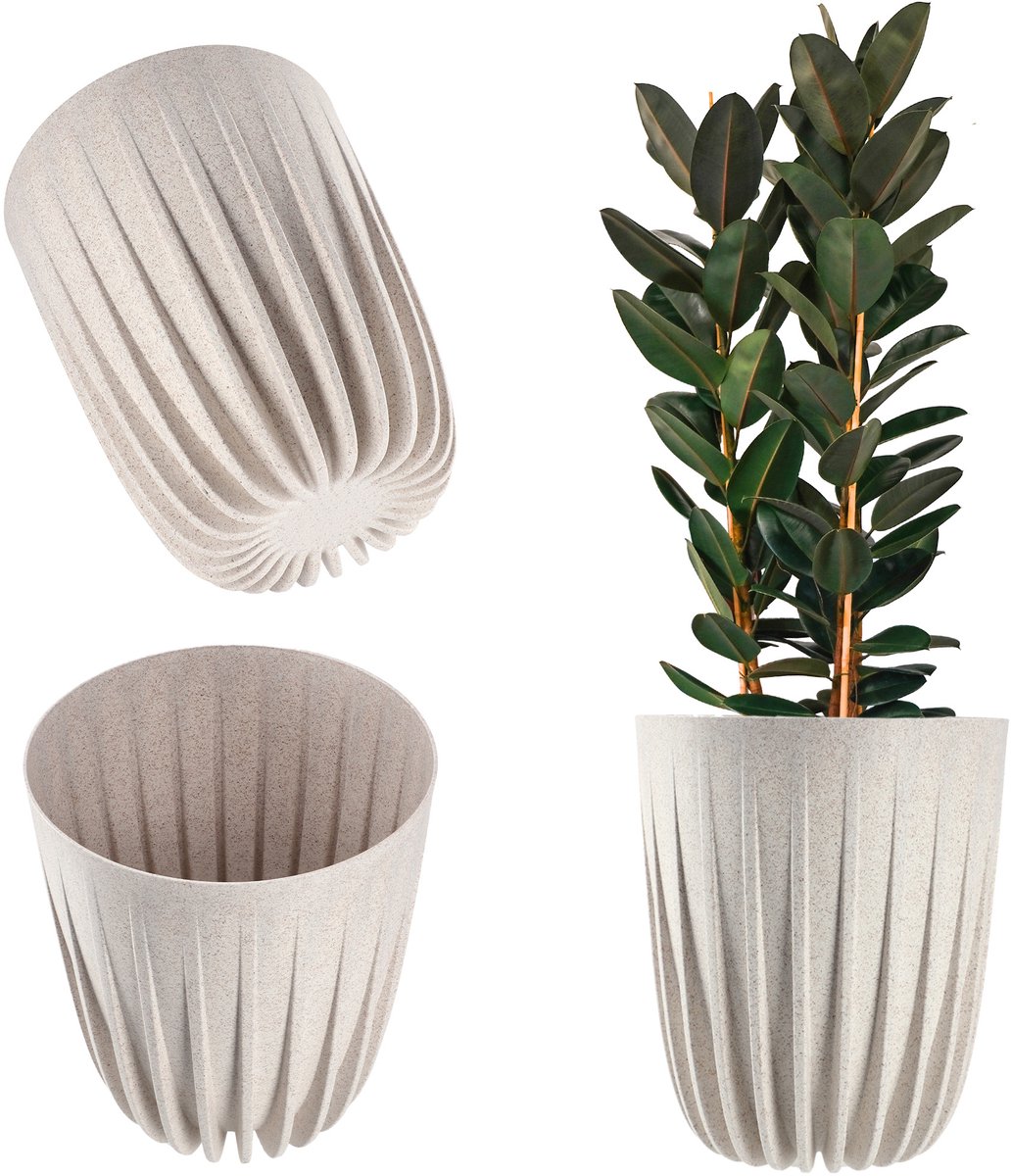 KADAX Bloempot van kunststof met natuurlijke materialen, modern met geometrisch patroon, rond met inzetstuk, natuur, hoge pot (diameter 19 cm, wit)