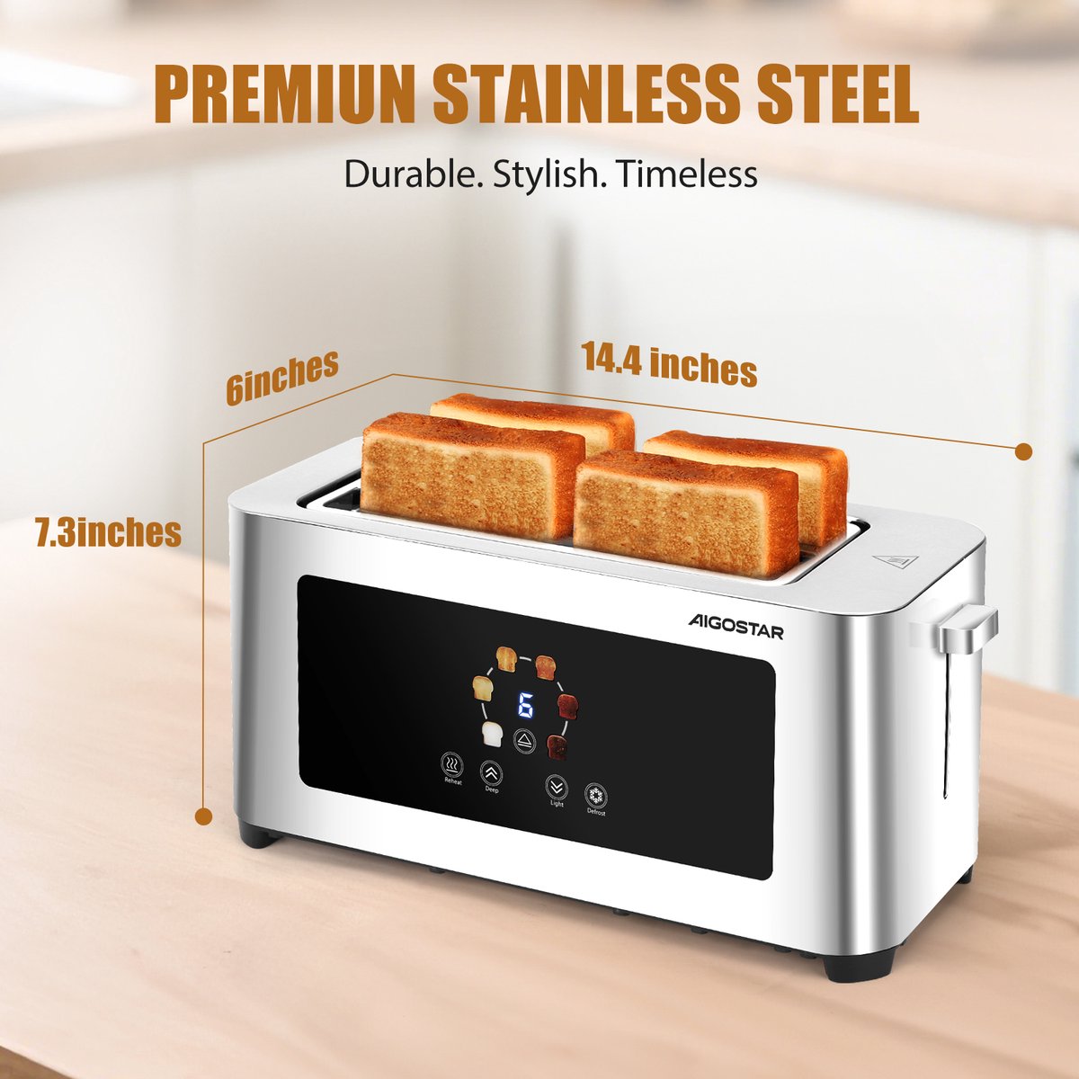 Aigostar Broodrooster lange sleuf - Toaster - LED Display - 4 Sneden - 6 Standen - 1400W - RVS -Bright 303QF thumbnail 5