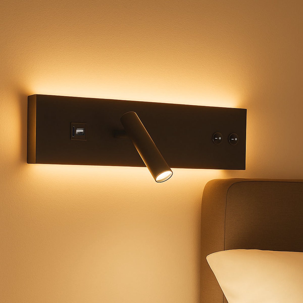 LED Wandlamp - Bedlamp met USB+C poort en schakelaar | Zwart | 11W | 704 lumen | Niet dimbaar | 3000K - Warm wit (830)