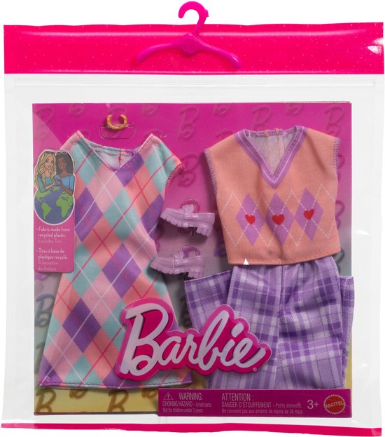 Barbie 2-Pack Kleding Outfit en Accessoires - Ruitjes Jurk met Paarse Schoenen, broek en shirt — afbeelding 3