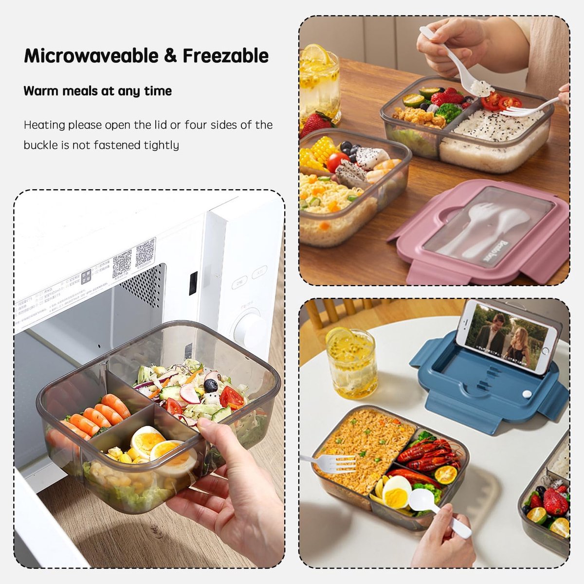 Lunchbox - Lunchbox volwassenen - Lunchboxen kinderen - Lunchbox met vakjes - Herbruikbare lunchbox - Boxcontainer met 2 compartimenten - Geïsoleerde - Afsluitbare - Draagbare - Kan in de magnetron worden verwarmd (blauw) — cadeau in Koken & Dineren - foto 3