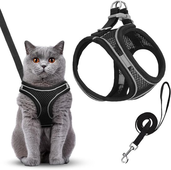 Houdini Ontsnappingsbestendig kattenharnas en riem set van OutdoorBengal - zwart, groot kattenharnas voor uitlaten met grote katten