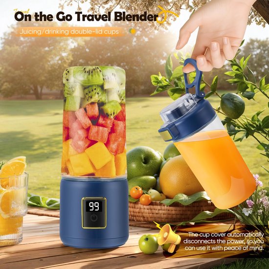 Draagbare Blender - Blender - Mini Blender - 12 Mesjes - Portable - Blender to go - Mini Juicer - Smoothie Maker -Perfect voor Smoothies, Sappen en Babyvoeding - Donkerblauw van Merkloos — afbeelding 4