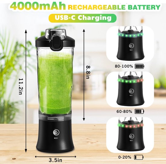 Mini Blender - Blender - Blender to go - Smoothie Maker - Draagbare Blender - Oplaadbare mini Blender - Portable Blender - Lichtgewicht - Blender draadloos - Blender - Blenders - Blender smoothie - Zwart van Merkloos — afbeelding 3
