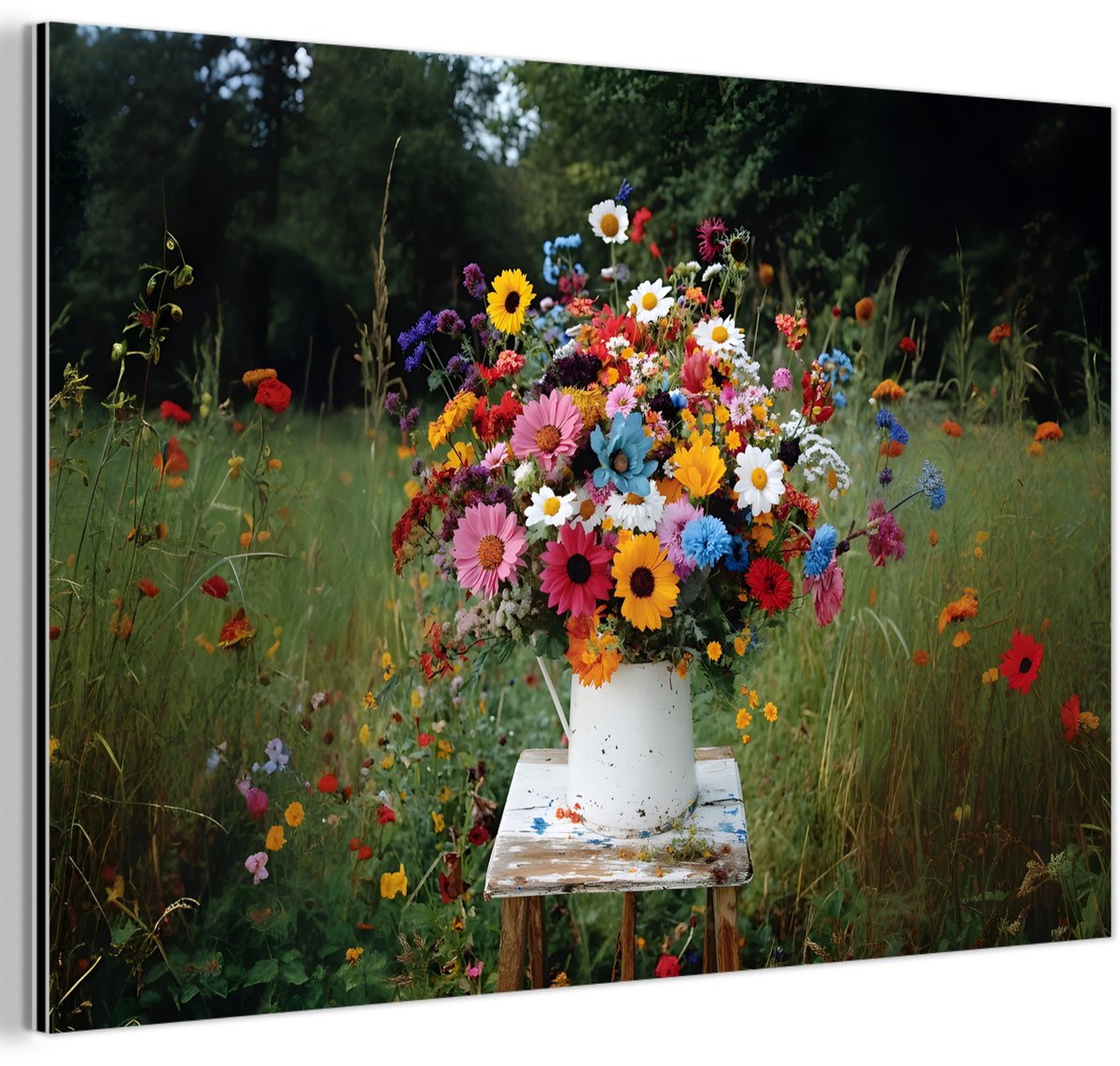 Aluminium schilderij 180x120 cm - Wanddecoratie metaal - Bloemen - Krukje - Gieter - Veld 