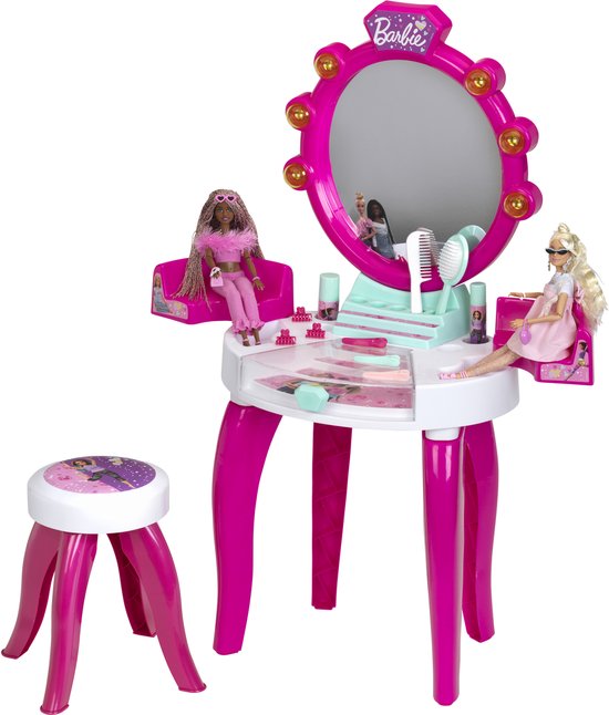 Roze Barbie kaptafel met spiegel, stoel, twee Barbies en accessoires.