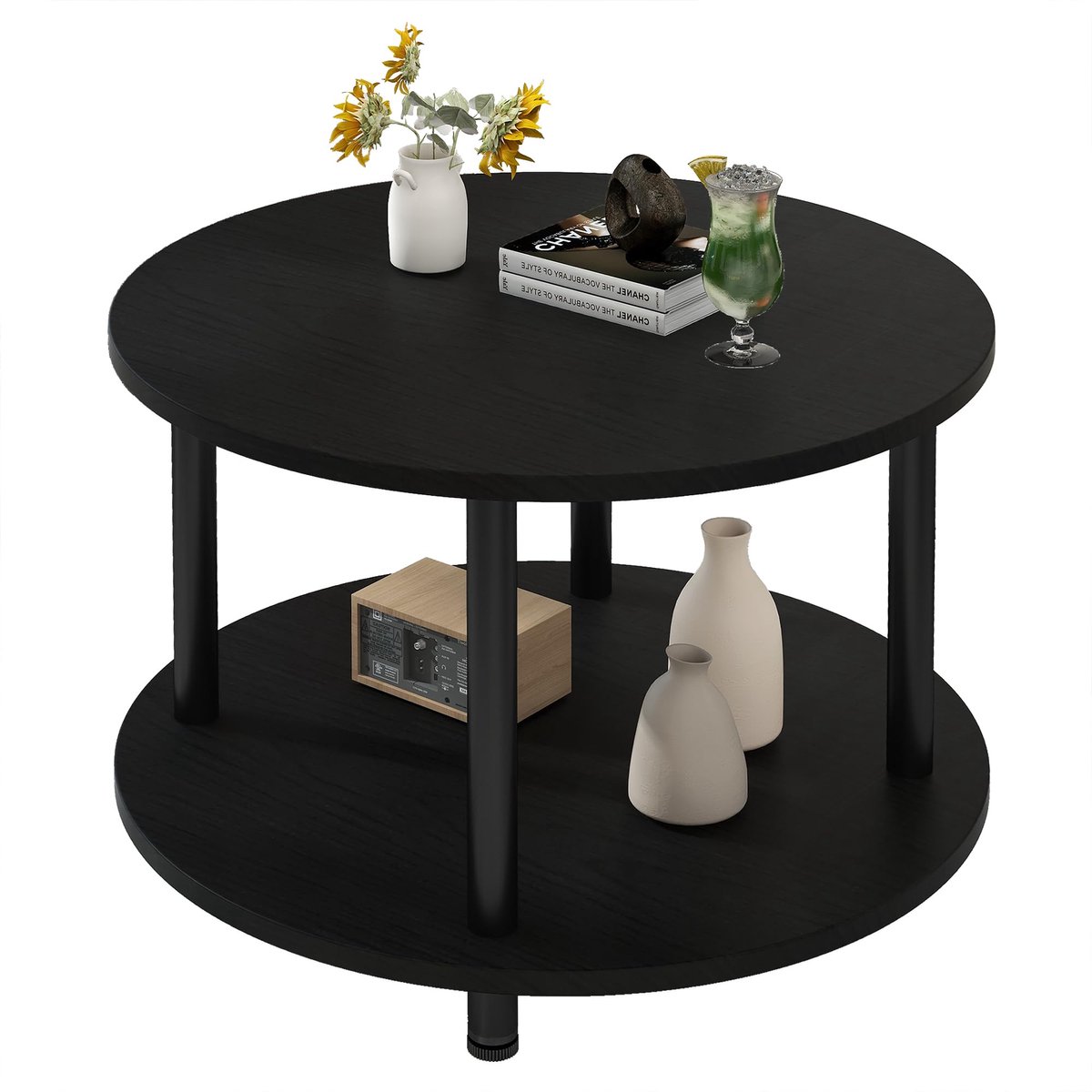 Ibenzoa Ronde Salontafel met Twee Niveaus en Stabiel Metalen Frame voor Woonkamer en Slaapkamer 60 x 60 x 48,5 cm Zwart