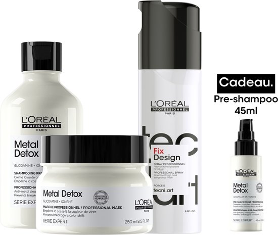 L'Oréal Professionnel Metal Detox Bundel + cadeau - Shampoo 300ml, Masker 250ml, Fix Design 200ml en cadeau Pre-Shampoo 45ml