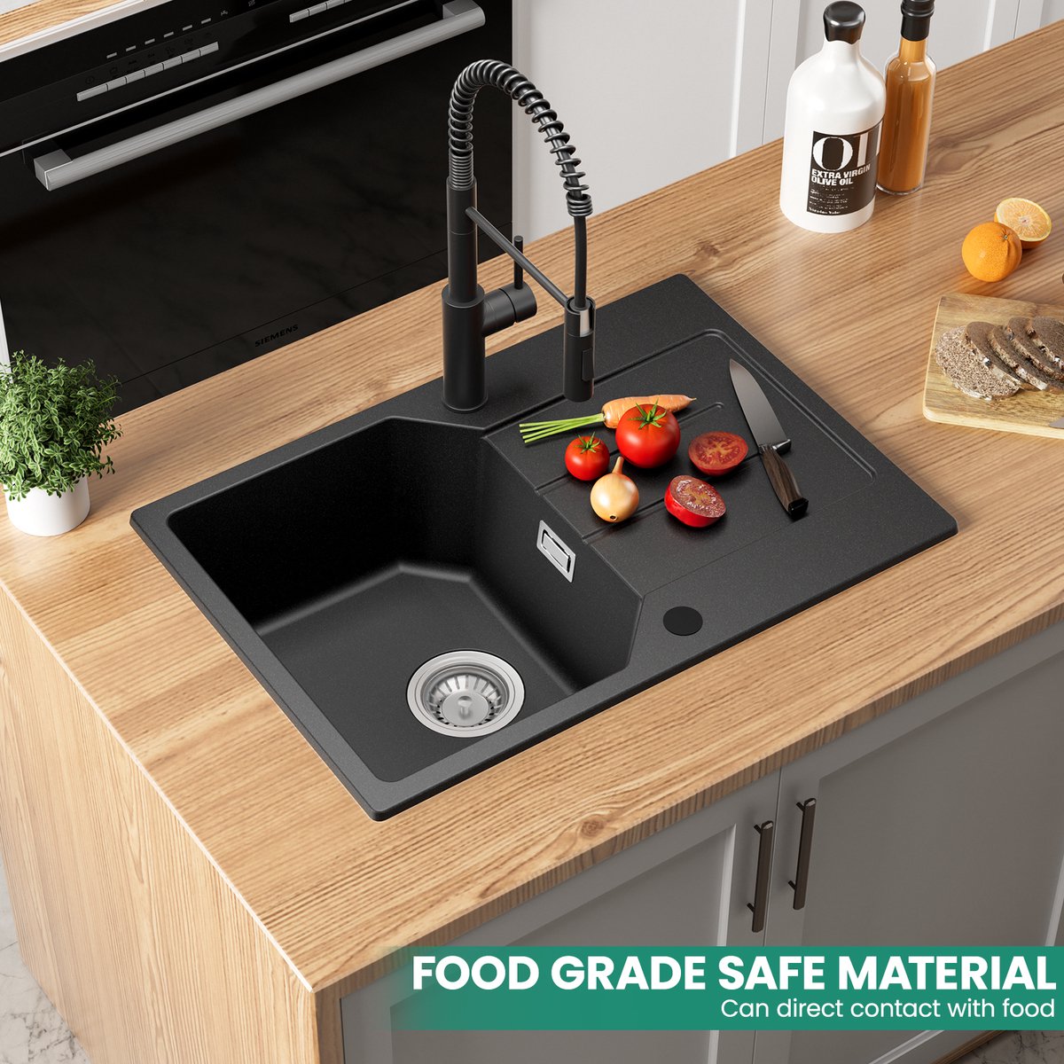 ANYCEE MAX Spoelbakken 65 x 45 cm, 1 spoelbak zwart granieten, onderbouw Spoelbak Keuken met planchet, afdrui