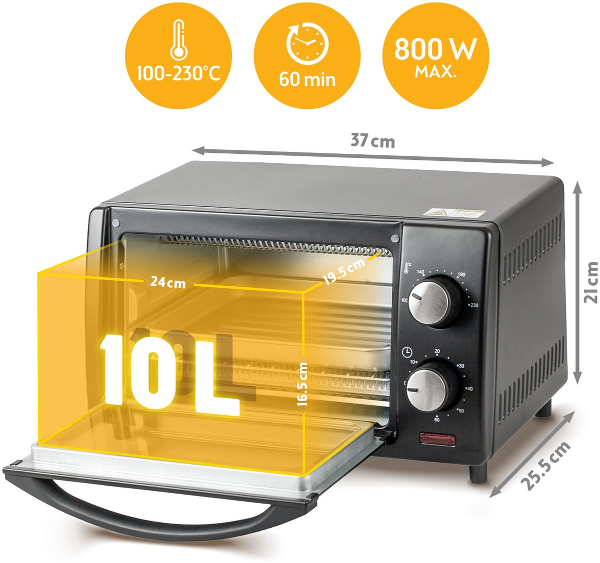TZS First Austria Mini oven 10L - vrijstaande oven - 800W - max 230°C - Timer - Zwart – foto 3