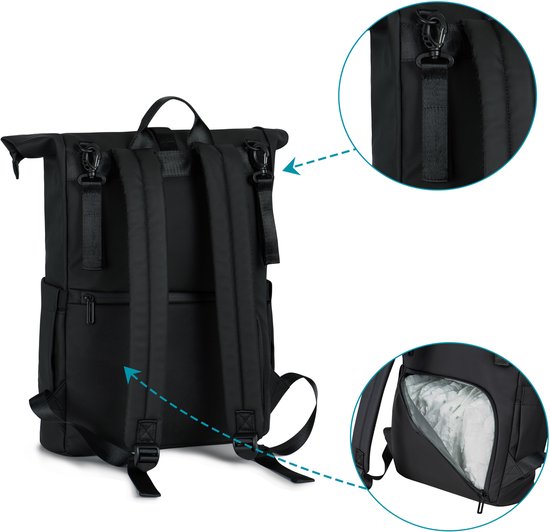 Baby Garden Luiertas Salerno - Luiertas Rugzak Rolltop - 20L tot 25L - Inclusief verschoonmatje & Kinderwagen Haken - Zwart — afbeelding 2