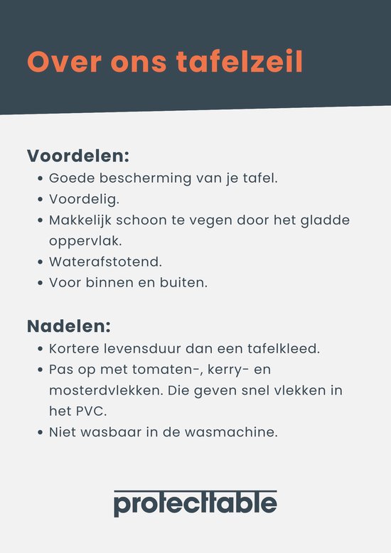 Informatieblad over Protecttable tafelzeil met een lijst van voor- en nadelen.