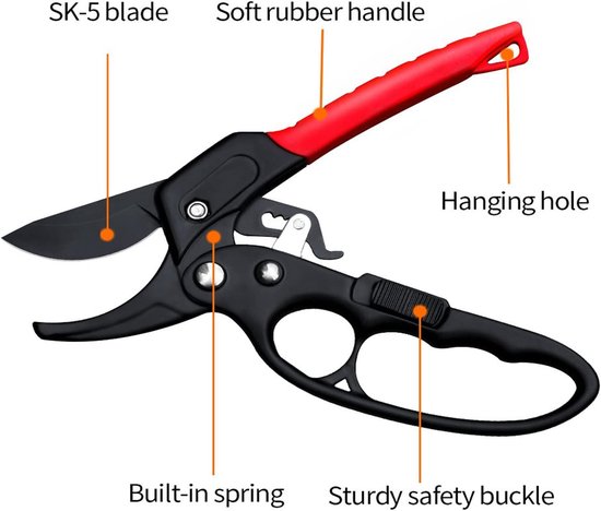 Handsnoeischaar, snoeischaar, tuinschaar, ratelsnoeischaar, 3 keer makkelijker werken, tuingereedschap, scherpe tuinschaar, schaar voor artritis zwakke handen (zwart en rood) van Merkloos	 — afbeelding 4